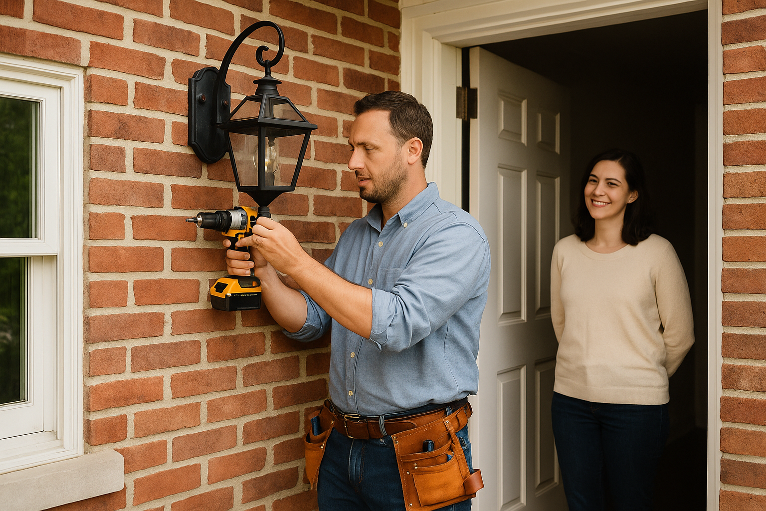 Handyman repairing porch light at a well-maintained rental property in Northeast Philadelphia