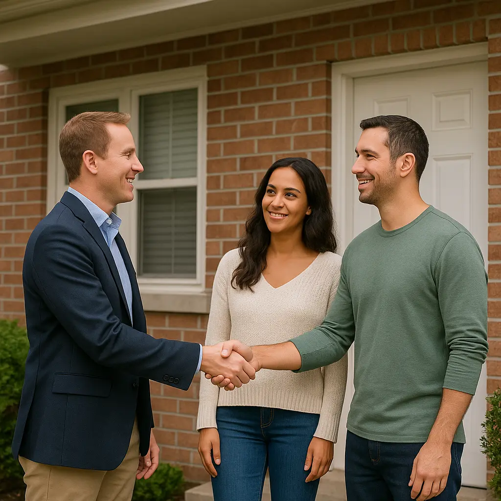 Family-owned rental business in Northeast Philadelphia, owner shaking hands with renters outside a well-maintained home